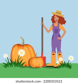 Un granjero cosecha una calabaza en el jardín. Trabajador de granjas con calabazas locales orgánicas. Chica y calabaza. Ilustración vectorial plana de color aislada en fondo blanco.