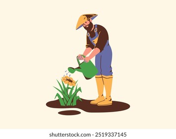 A farmer in a hat and boots waters a plant with a green watering can. A cartoon-style illustration of agricultural care and gardening.