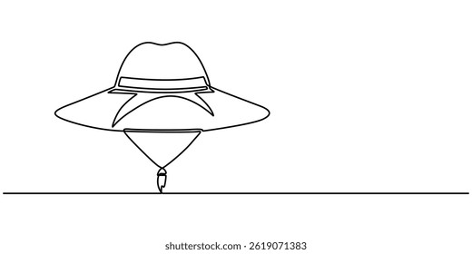 farmer hat continuous one line drawing, Continuous one line drawing of Straw hat, sun hat. summer, beach, travel, farmer concept. Editable stroke vector. minimal style on white background and monoline