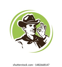 Farmer in the hat. Farm, farming logo or emblem. Vector illustration