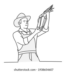 Farmer with a hat holding corn on the cob. Hand drawn vector illustration.