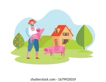 Farmer in Hat Holds Piglet in Hands. Animals on Meadow on Background House. Vector Illustration. Healthy Food. Produced Natural Products. People and Organic Production. Healthy Lifestyle.