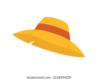 Farmer Hat icon. Sticker with yellow headdress to protect gardener from sun beams. Uniform for agricultural employee. Design for web. Cartoon flat vector illustration isolated on white background