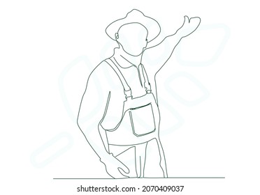 Bauer im Hut, der die Kamera anschaut, die sein Feld zeigt. Logo-Design mit Bauernbekleidung