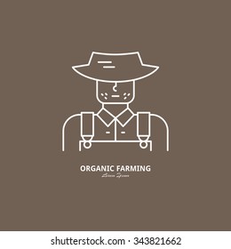 Farmer in a hat - modern bio product label, agricultural logo, eco farming badge. Isolated and easy to edit logo template. Great for organic product design.
