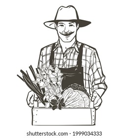 Farmer with a hat and mustache holding box of vegetables. Man with organic product crops from the farm. Vector vintage line sketch illustration