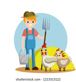 A farmer in a hat and overalls with a pitchfork working in the village with a haystack. Rural bucket, a hen and a rooster. Summer gardener. Production of natural food.
