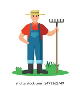 Farmer in hat and overalls. Farmer with rake in hand. Smiling. Flat vector illustration.