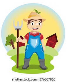 farmer in a hat with a pitchfork in his hand