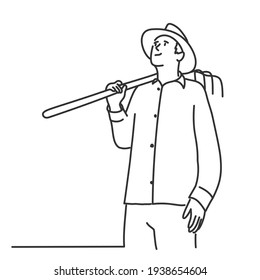 Farmer with a hat with a pitchfork on his shoulde. Hand drawn vector illustration.