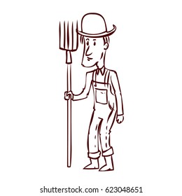 Farmer in hat standing with a pitchfork. Hand drawn cartoon vector illustration.