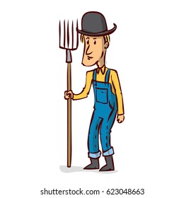 Farmer in hat standing with a pitchfork. Hand drawn cartoon vector illustration.