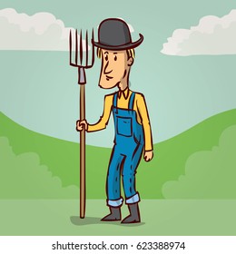 Farmer in hat standing with a pitchfork. Hand drawn cartoon vector illustration.
