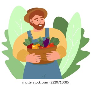 A farmer in a hat and uniform with a basket of vegetables and herbs. A good harvest of tomatoes, eggplant, beets, asparagus. Vector graphics.