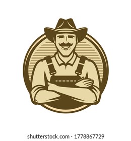 Farmer in hat vintage logo. Farm, natural food concept