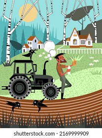 A farmer is having lunch near a tractor. Vector illustration.