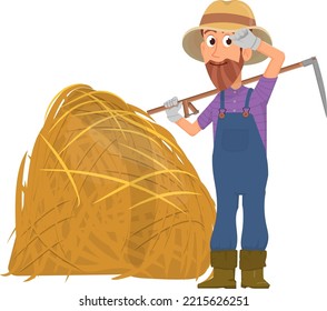 Farmer With Hay Bale. Cartoon Man With Scythe. Farm Harvesting