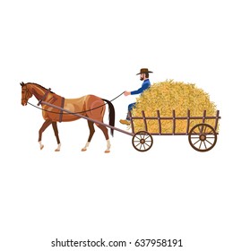 Farmer with hay cart. Vector illustration