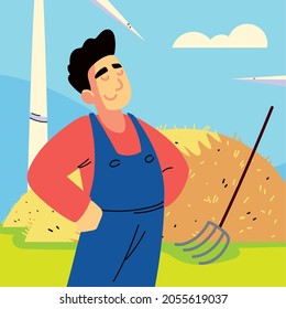 farmer with hay and pitchfork