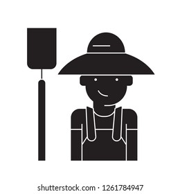 Farmer with hayfork black vector concept icon. Farmer with hayfork flat illustration, sign