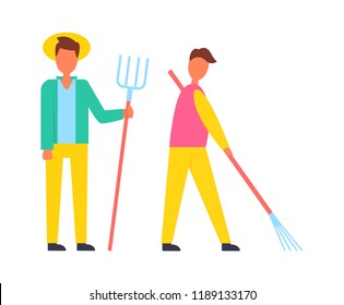 Farmer with hayfork pike and man working using rake to remove leaves of autumn trees. People males occupied with rural job on land isolated vector icons