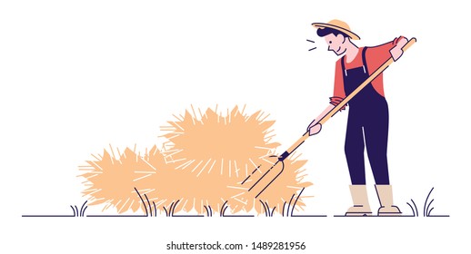 Farmer haymaking with pitchfork flat vector character. Autumn harvest isolated concept with outline. Farm worker and hay bales, haystacks. Agricultural work. Hay harvesting  cartoon illustration