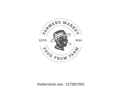Farmer head hat silhouette circle vintage decorative logo template design vector illustration. Male agricultural worker profile black monochrome round emblem mark organic farm market local production