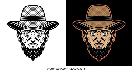 Cabeza de granjero con sombrero de paja con ilustración vectorial de barba en dos estilos negro sobre blanco y colorido sobre fondo oscuro