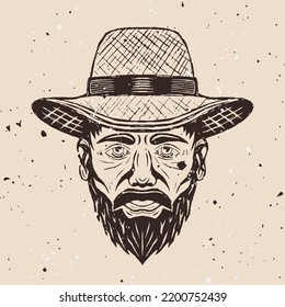 Farmer head in straw hat with mustache and beard vector illustration in hand drawn vintage style on background with removable grunge textures