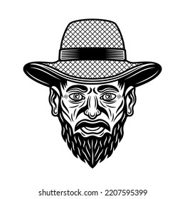 Farmer head in straw hat with mustache and beard vector monochrome illustration in vintage style isolated on white background