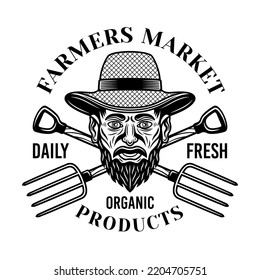 Farmer head in straw hat and two crossed farming forks vector emblem, logo, badge or label in vintage monochrome style isolated on white background
