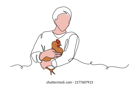 Farmer with hen, chicken in hands. Vector background, banner, poster for poultry. One continuous line art drawing illustration of farmer with hen.