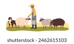 Farmer, herdsman with sheep, shepherd dog in countryside. Farm agriculture worker, sheepman and ewes at country field. Livestock breeding. Flat vector illustration isolated on white background