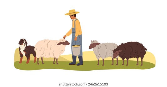 Farmer, herdsman with sheep, shepherd dog in countryside. Farm agriculture worker, sheepman and ewes at country field. Livestock breeding. Flat vector illustration isolated on white background