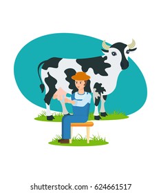 The farmer in his clothes for work on the au pair, sites near the cow and is engaged in milking. Modern vector illustration isolated in cartoon style.