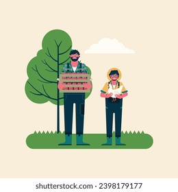 The farmer and his son are carrying tomatoes and chickens vector