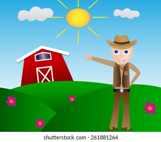 Farmer with his stable on meadow