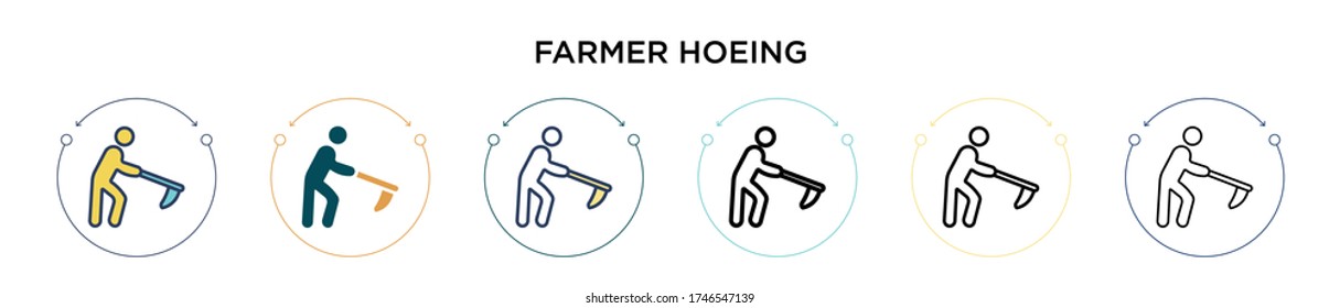 Farmer hoeing icon in filled, thin line, outline and stroke style. Vector illustration of two colored and black farmer hoeing vector icons designs can be used for mobile, ui, web