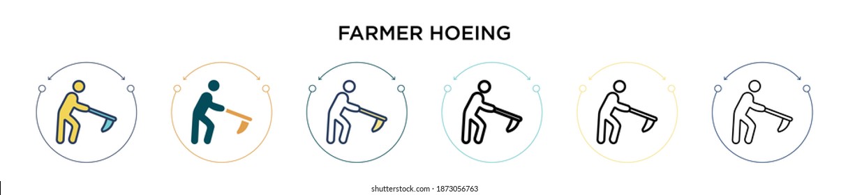 Farmer hoeing icon in filled, thin line, outline and stroke style. Vector illustration of two colored and black farmer hoeing vector icons designs can be used for mobile, ui, web