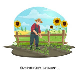 Suelo de acarreo y desmaleza de granjeros con huerta de huerto en huerto de la huerta de la explotación vectorial. Hombre con barba con sombrero, overoles y botas plantando ícono de tomates con campo de granja, girasoles y valla