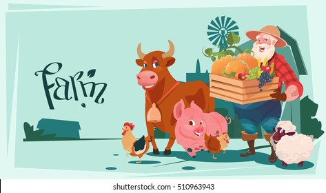 Farmer Hold Box With Vegetables Breeding Animals Farmland Background Flat Vector Illustration