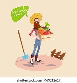 Farmer Hold Box With Vegetables Natural Farming Logo Concept Flat Vector Illustration