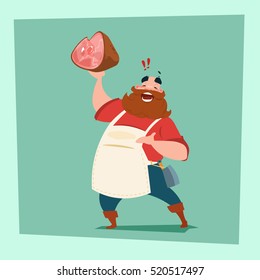 Farmer Hold Pig Leg Pork Butcher Animal Farm Flat Vector Illustration