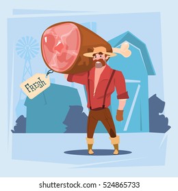 Farmer Hold Pig Leg Pork Butcher Animal Farm Flat Vector Illustration