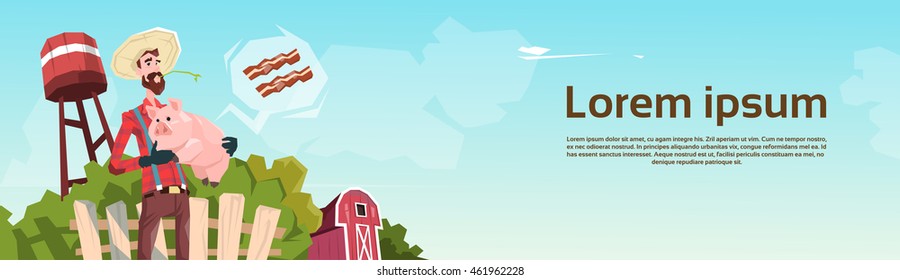 Farmer Hold Pig Pork Butcher Animal Farm Flat Vector Illustration