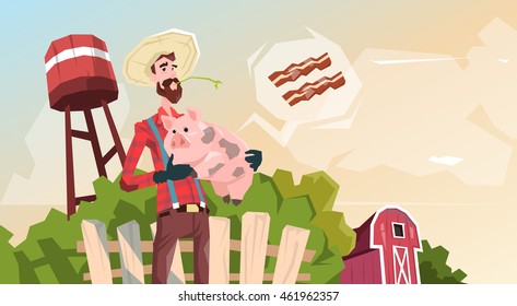 Farmer Hold Pig Pork Butcher Animal Farm Flat Vector Illustration