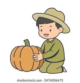 granjero sostiene una calabaza con expresión feliz. Buena temporada de cosecha