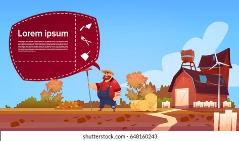 Farmer Hold Rake Work On Field Cartoon Character Country Man Near Farm Building Eco Farming Concept Flat Vector Illustration