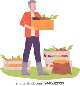 Los granjeros sostienen cajas de verduras. Temporada de cosecha de jardín aislado sobre fondo blanco
