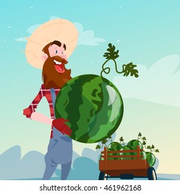 Farmer Hold Watermelon Harvest Flat Vector Illustration